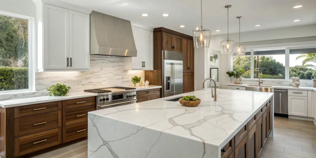 A modern kitchen remodel with a marble island, a benefit of hiring a design-build firm.