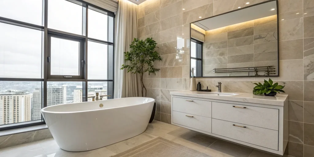 Cost to remodel a small bathroom featuring a freestanding tub, vanity, and tile walls.