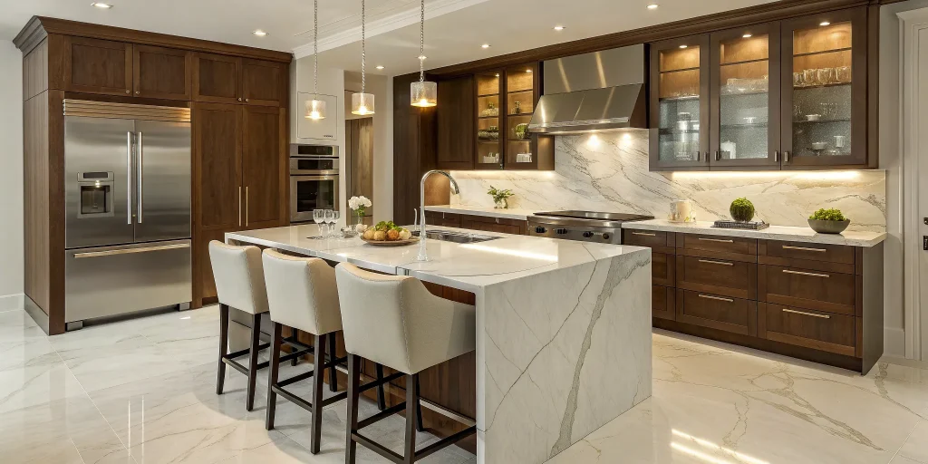 A modern 10x10 kitchen remodel with a marble island, a key factor in the final cost.