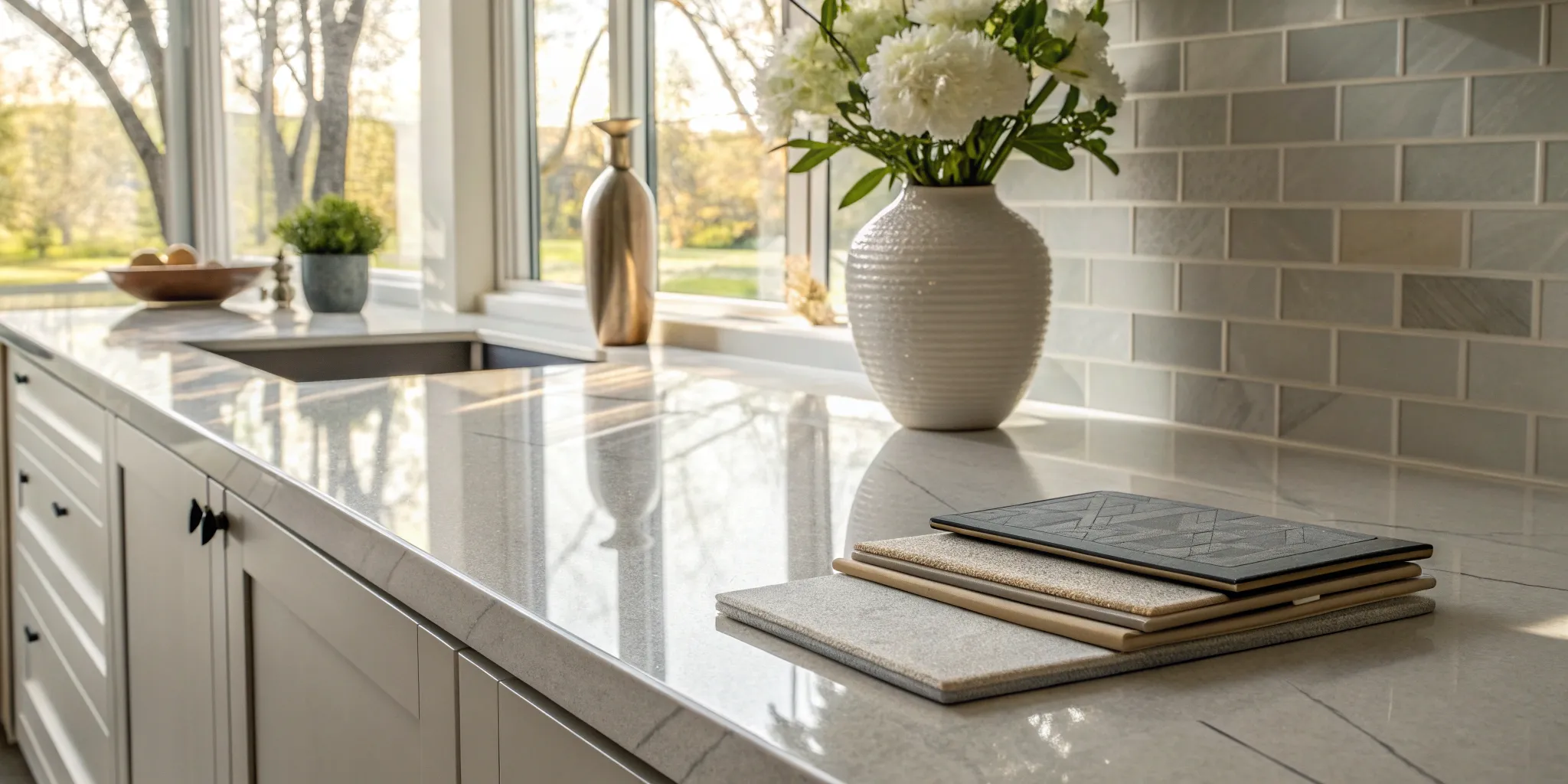 Material samples on a modern quartz countertop to get a quote for countertop replacement.