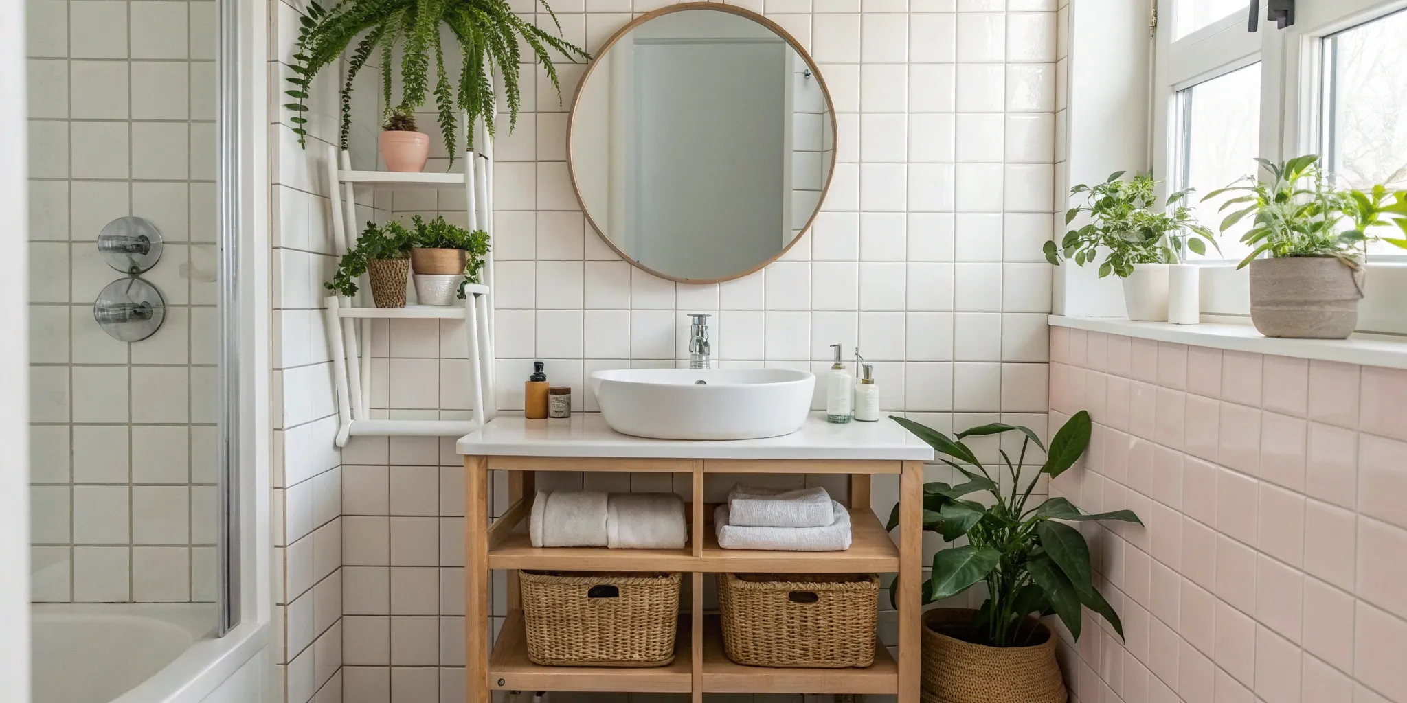 Small bathroom ideas on a budget with a wood vanity, round mirror, and white tile.