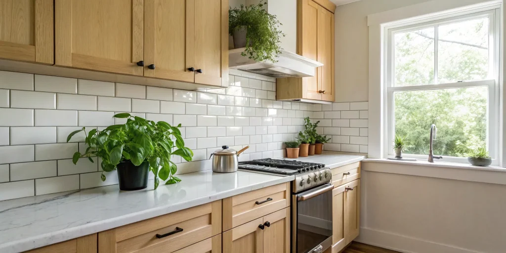 A budget-friendly small kitchen remodel with light wood cabinets and white subway tile.