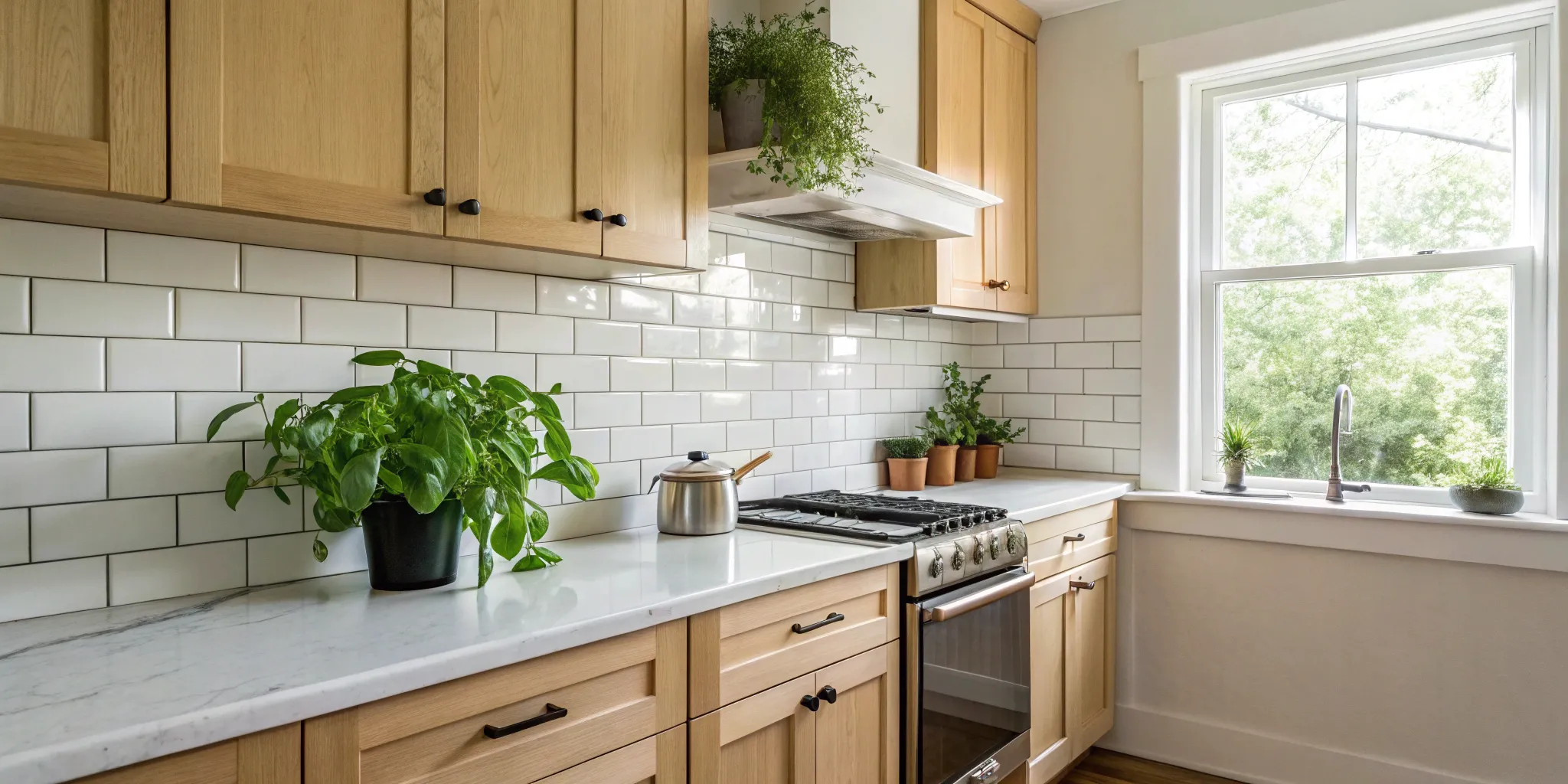 A budget-friendly small kitchen remodel with light wood cabinets and white subway tile.