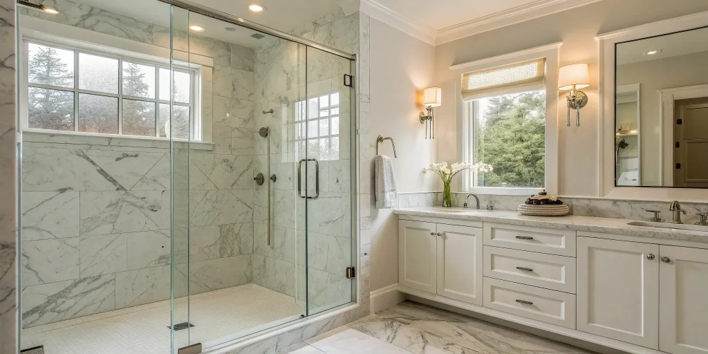 A smart 5x7 bathroom layout with a glass walk-in shower and a space-saving floating vanity.