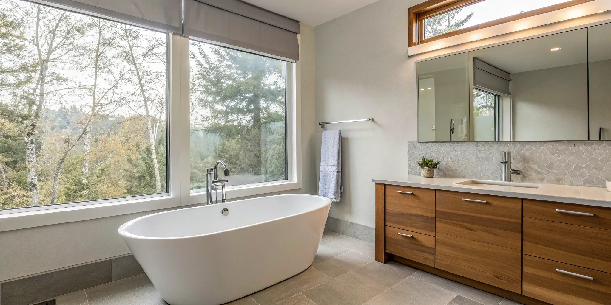 A modern bathroom with a freestanding tub, designed by one of the best build firms in San Diego.