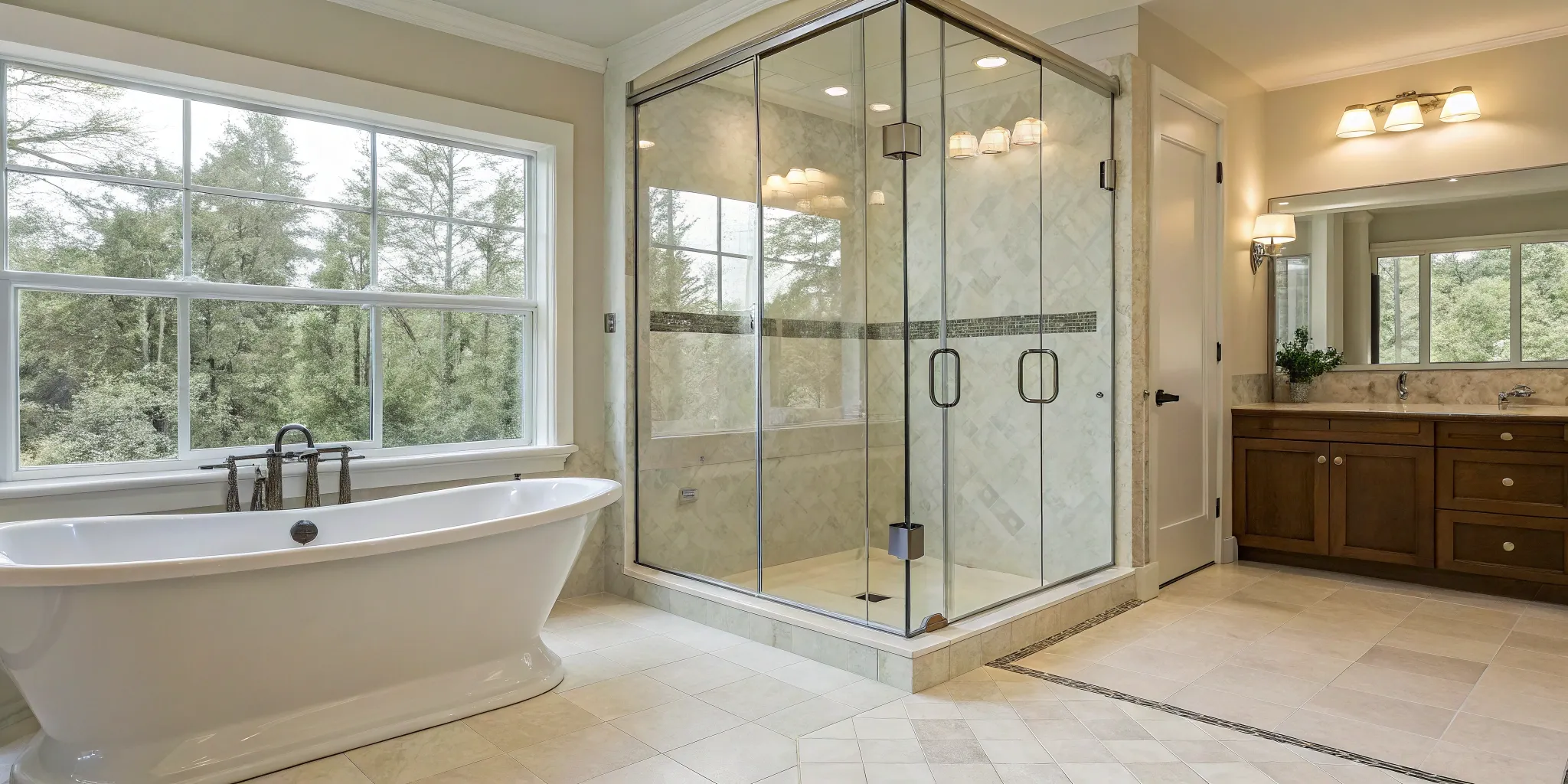 The after result of a tub converted to a walk-in shower in a modern bathroom.
