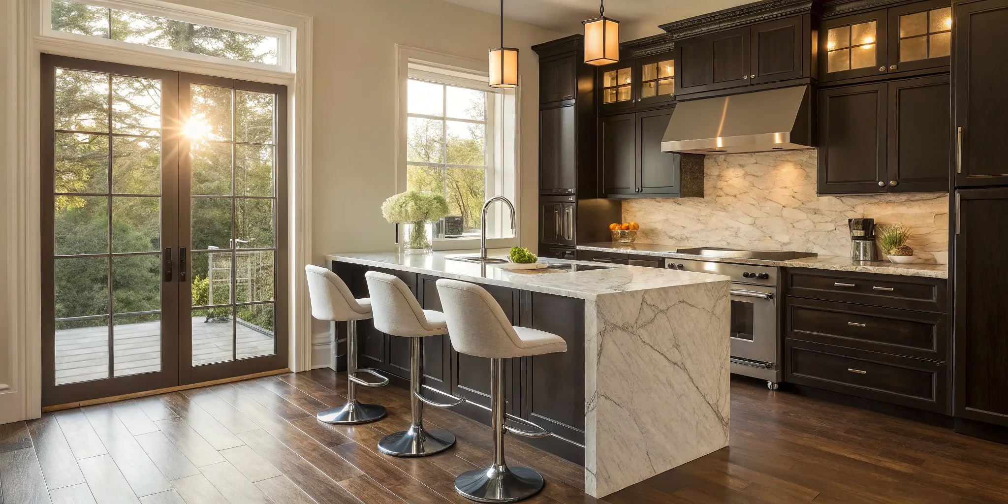 A modern small kitchen with dark cabinets and a marble island from a design and build service.