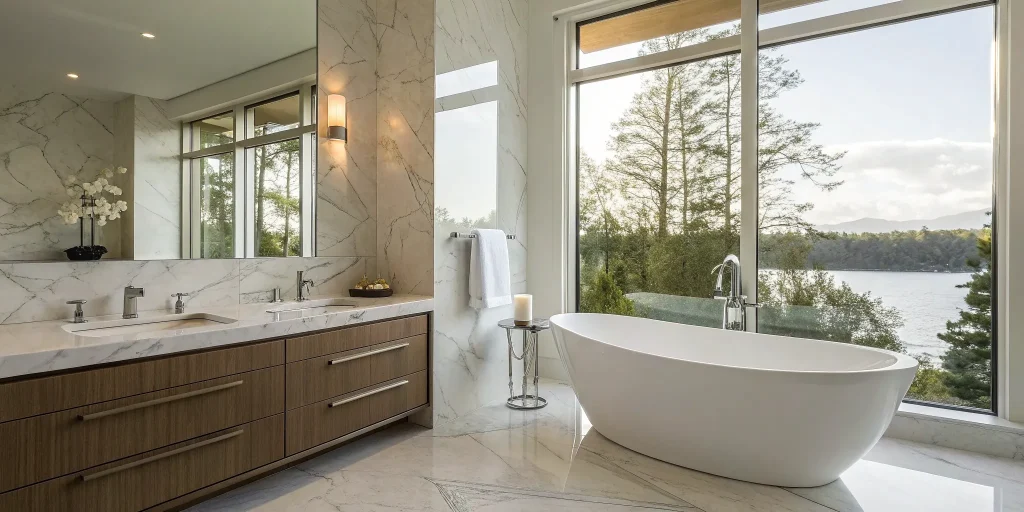 The result of an all-in-one bathroom remodel in San Diego, with a modern freestanding tub and double vanity.