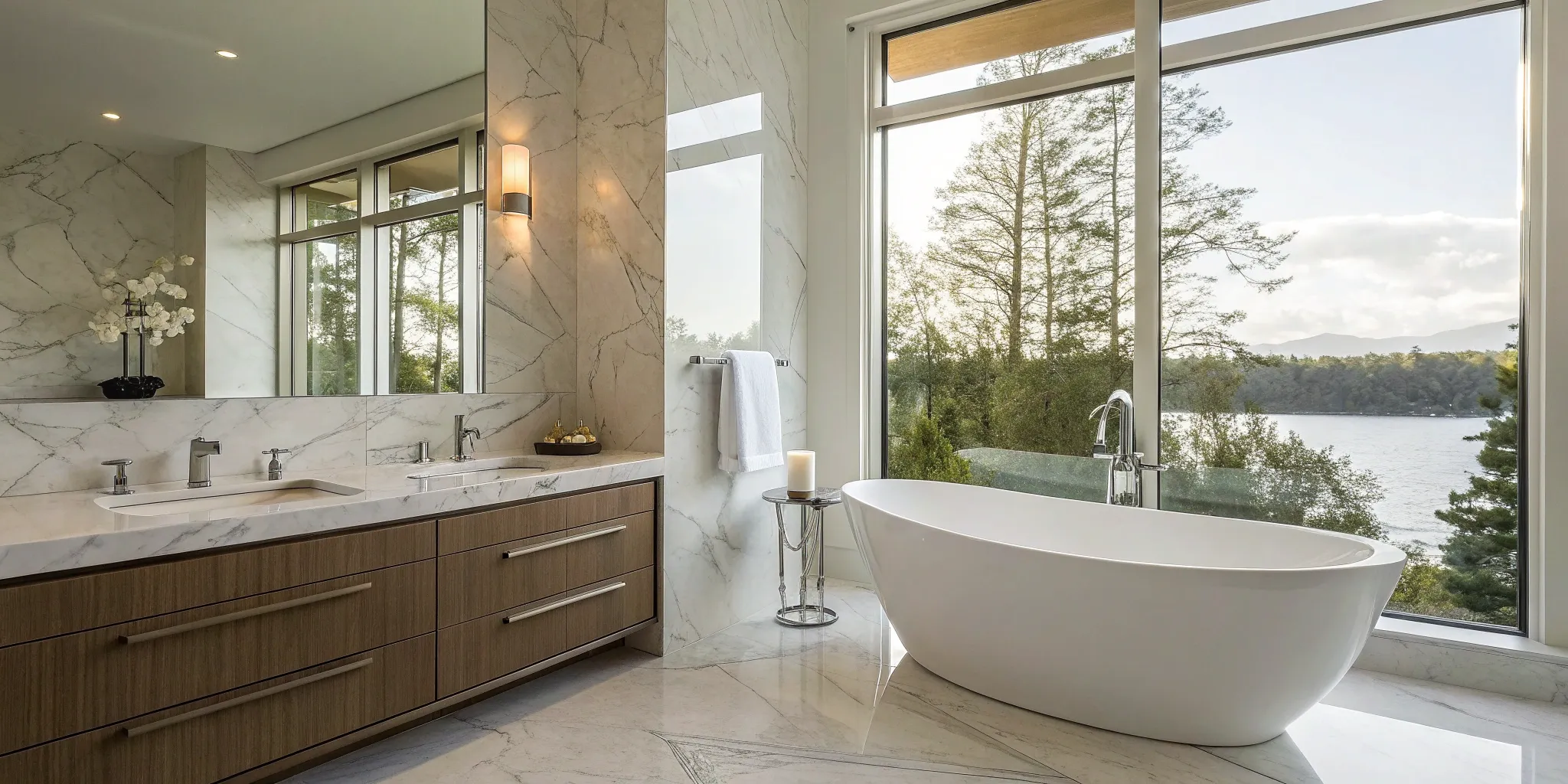 The result of an all-in-one bathroom remodel in San Diego, with a modern freestanding tub and double vanity.