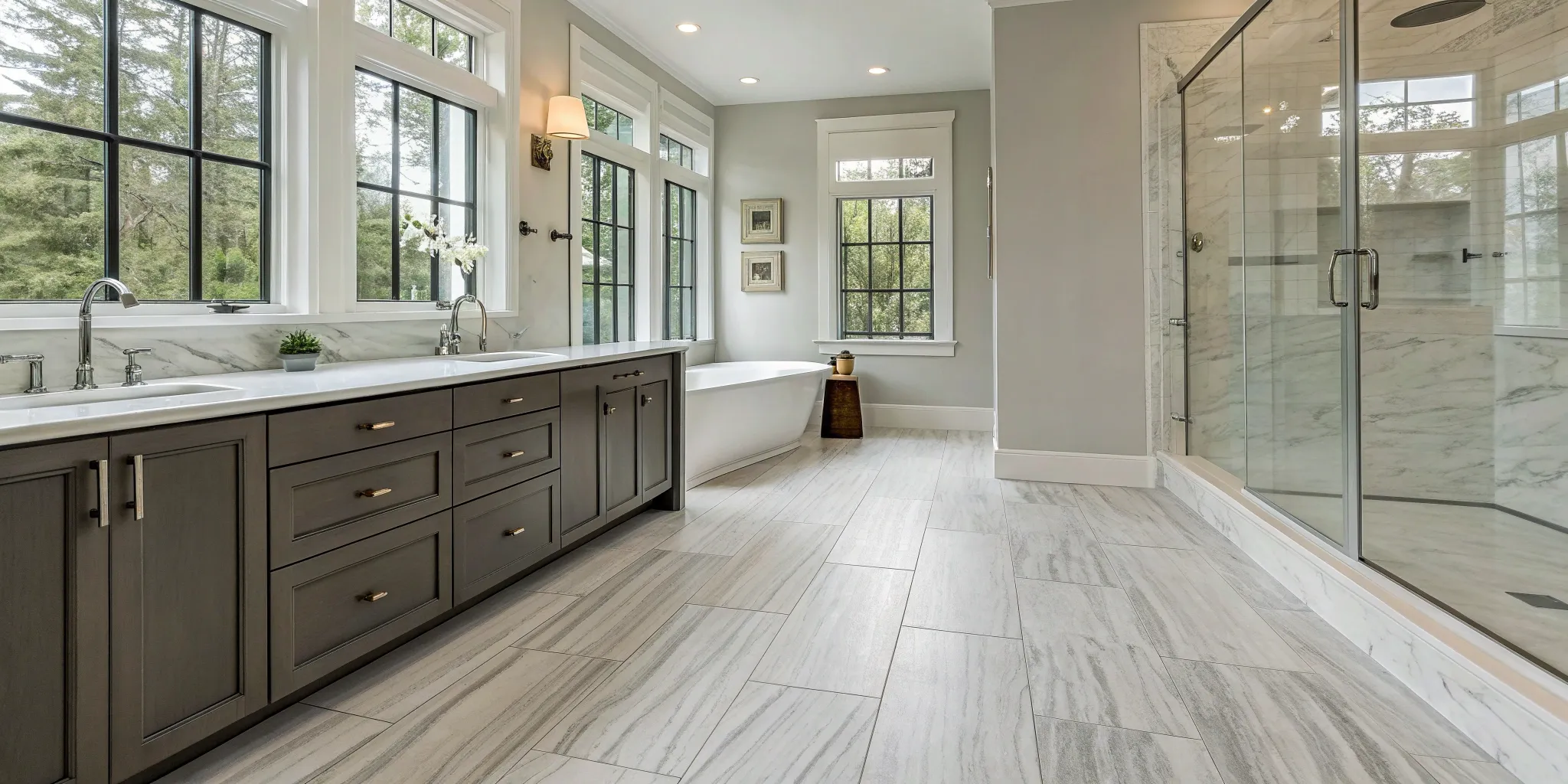 Best luxury vinyl plank flooring in a modern, waterproof bathroom with a freestanding tub.