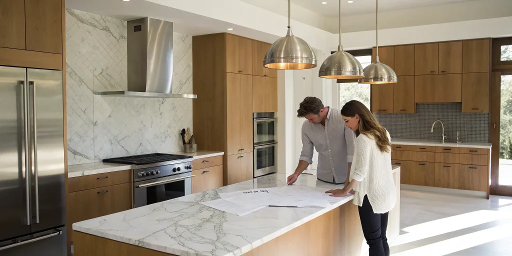 Couple planning the cost of a full kitchen remodel in San Diego.