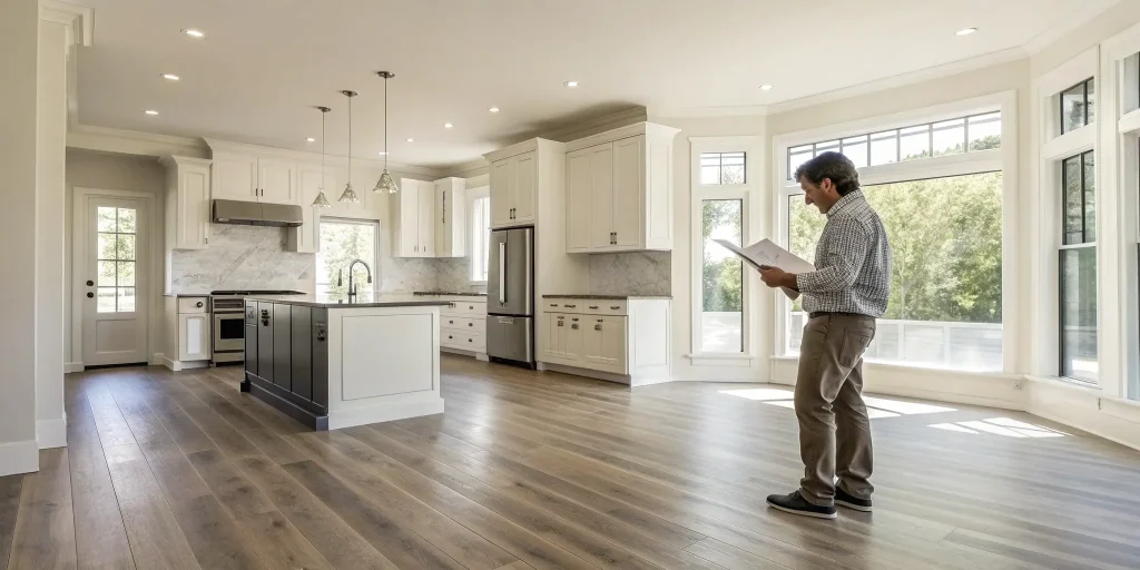 Man measuring a kitchen floor for an accurate vinyl plank installation quote.