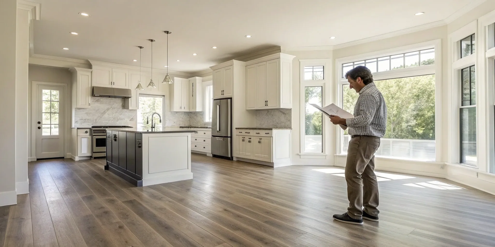 Man measuring a kitchen floor for an accurate vinyl plank installation quote.