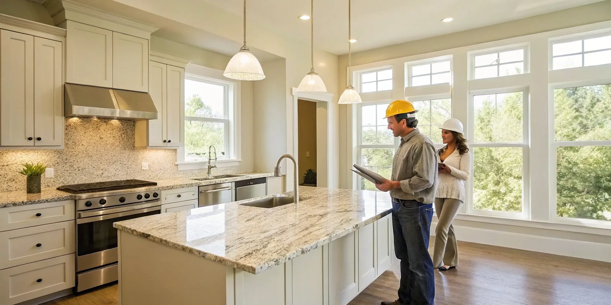 Two professional kitchen remodeling contractors inspecting the final details of a renovation.