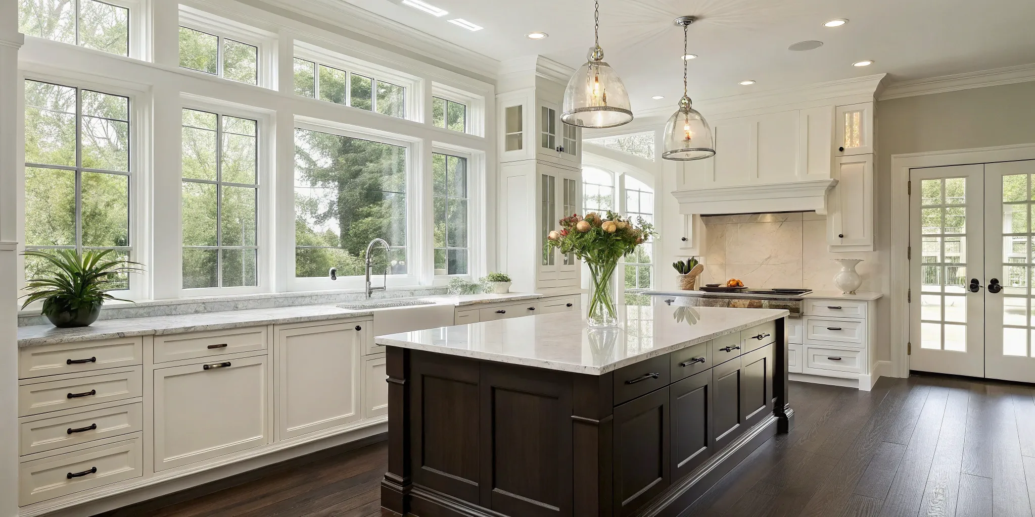 A modern kitchen cabinet design and installation with white cabinets and a contrasting dark island.