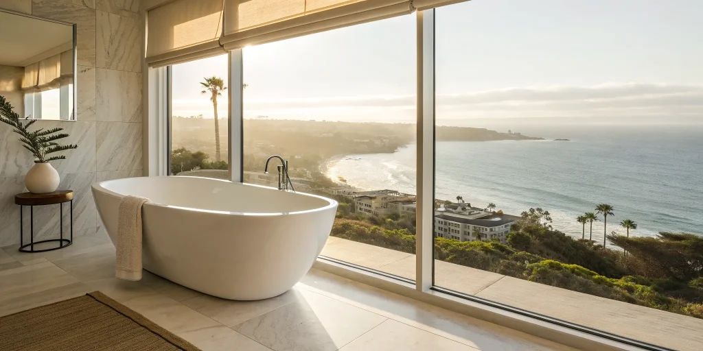 A white freestanding tub sits where an alcove tub was replaced in a modern bathroom.