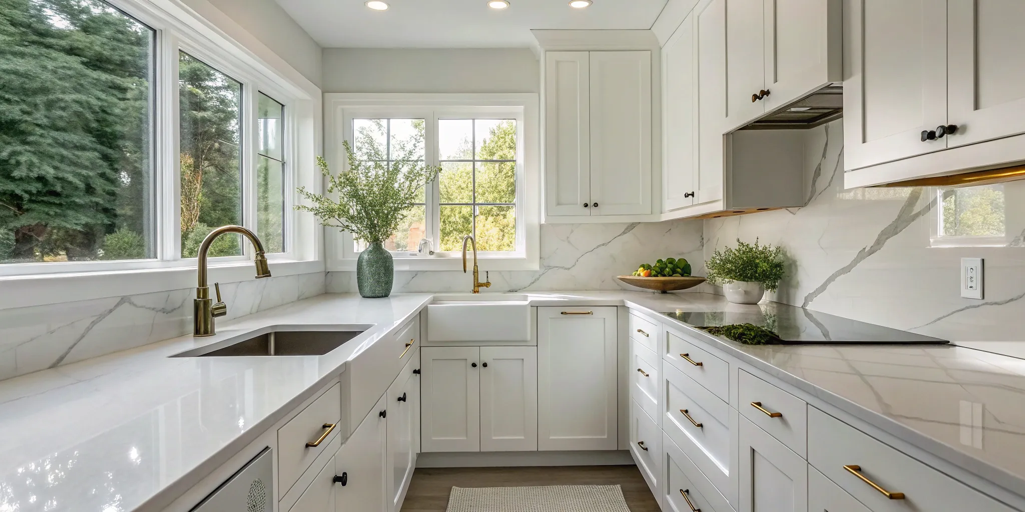 A small kitchen remodel with white cabinets and countertops, budgeted without the cost of new appliances.
