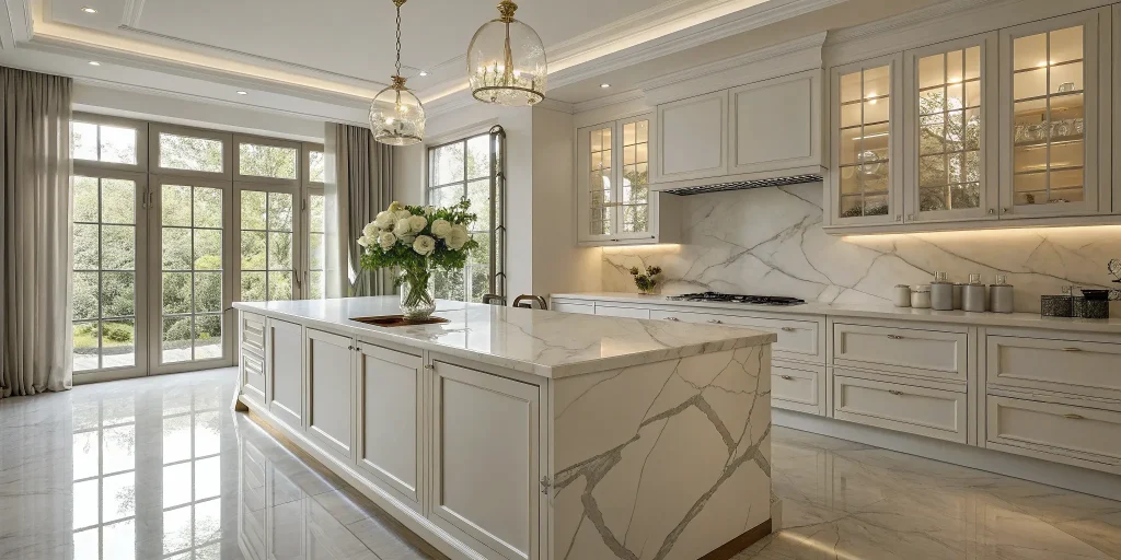 Modern kitchen with marble countertops, a factor in the average cost to replace kitchen countertops.