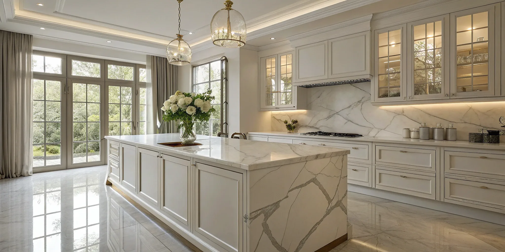 Modern kitchen with marble countertops, a factor in the average cost to replace kitchen countertops.