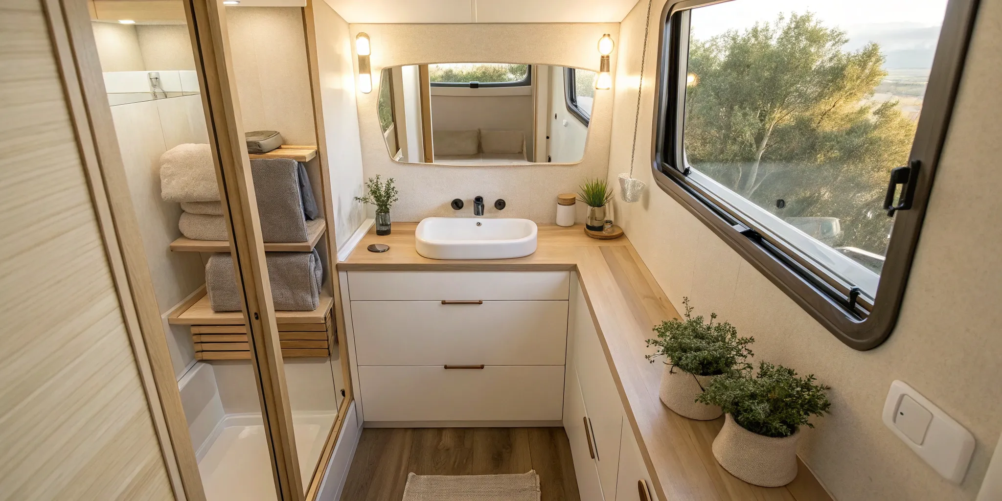 Small bathroom remodel with light colors, a large mirror, and a floating vanity to maximize space.