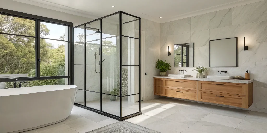 Modern bathroom design without a bathtub, with a glass walk-in shower and a sleek double vanity.
