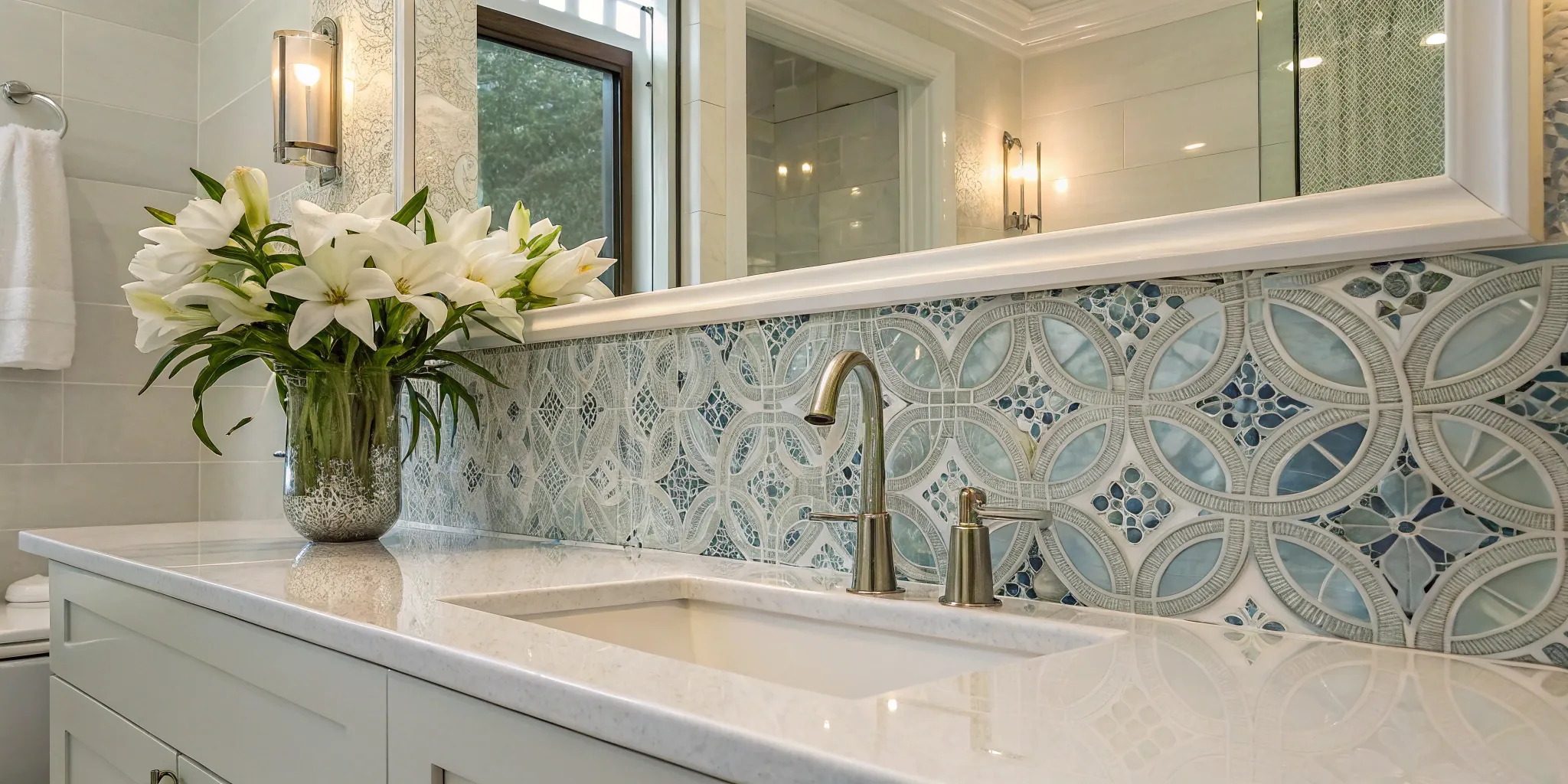 Modern bathroom vanity with a decorative tile backsplash installation.