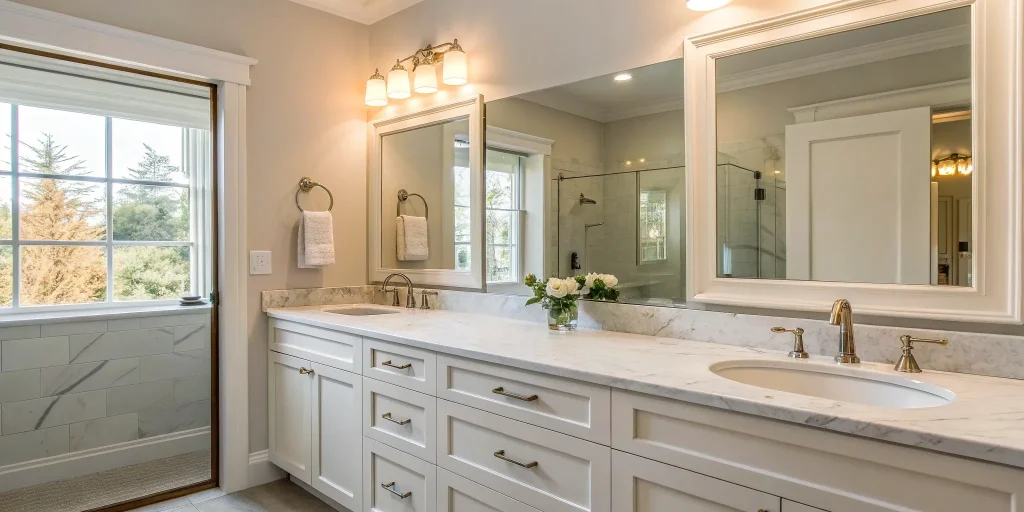 Double bathroom vanity installation cost with a marble countertop in a San Diego home.