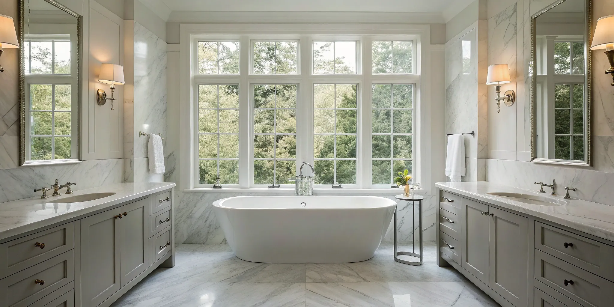 Luxury master bath renovation by a top company, featuring a freestanding tub and marble surfaces.