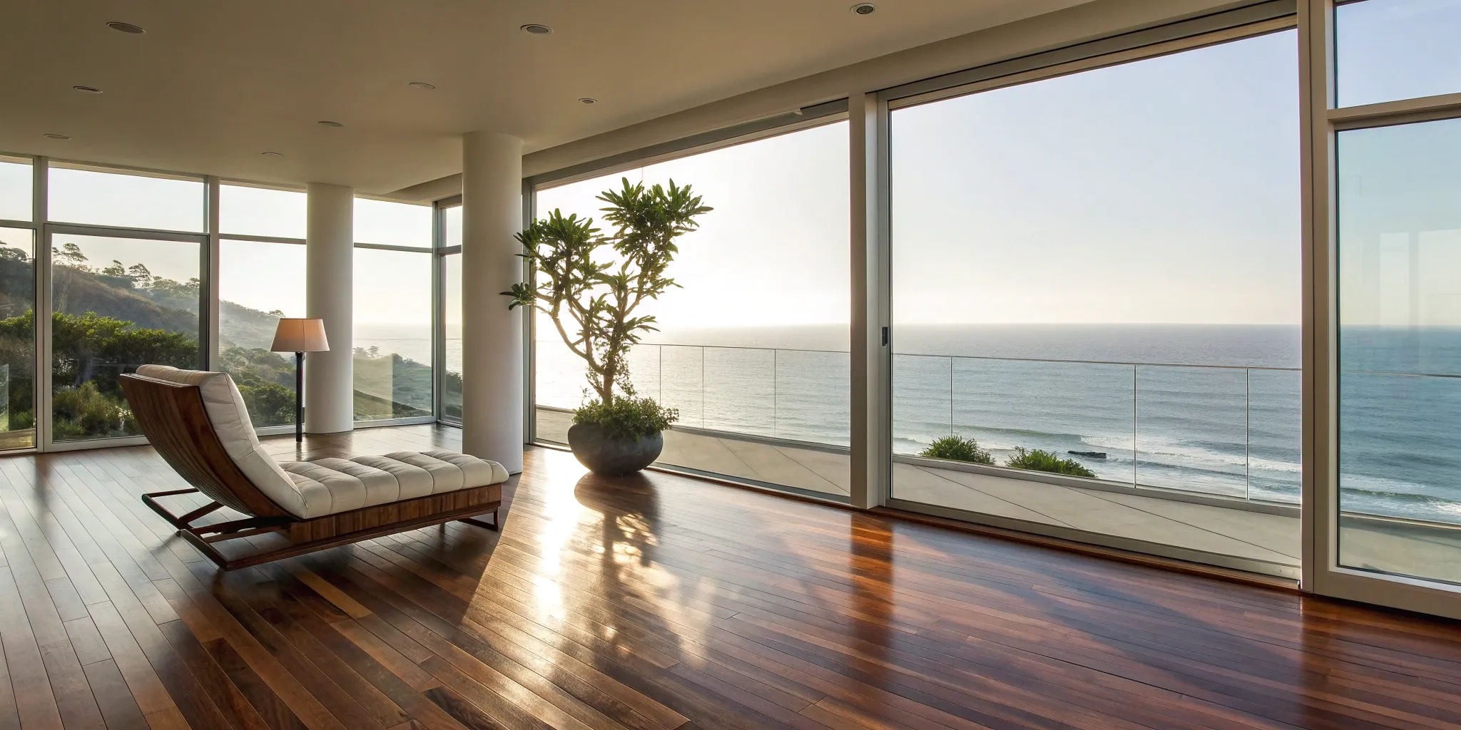 Hardwood flooring installation in a modern San Diego living room overlooking the ocean.