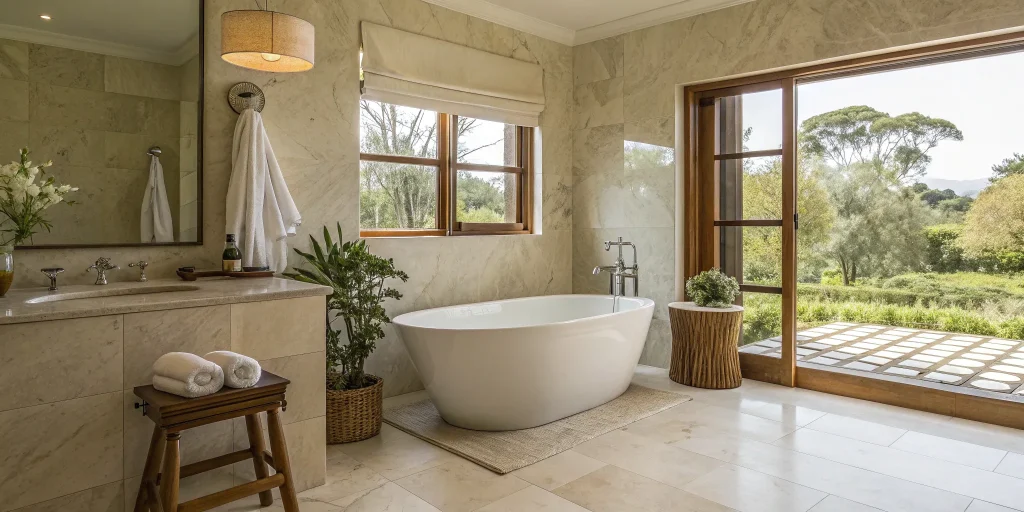 A professional bathroom renovation with a modern tub and clean lines by a vetted contractor.