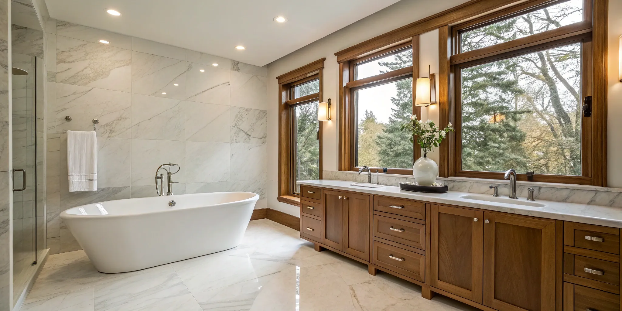 A modern bathroom remodel with a freestanding tub from a full service company.