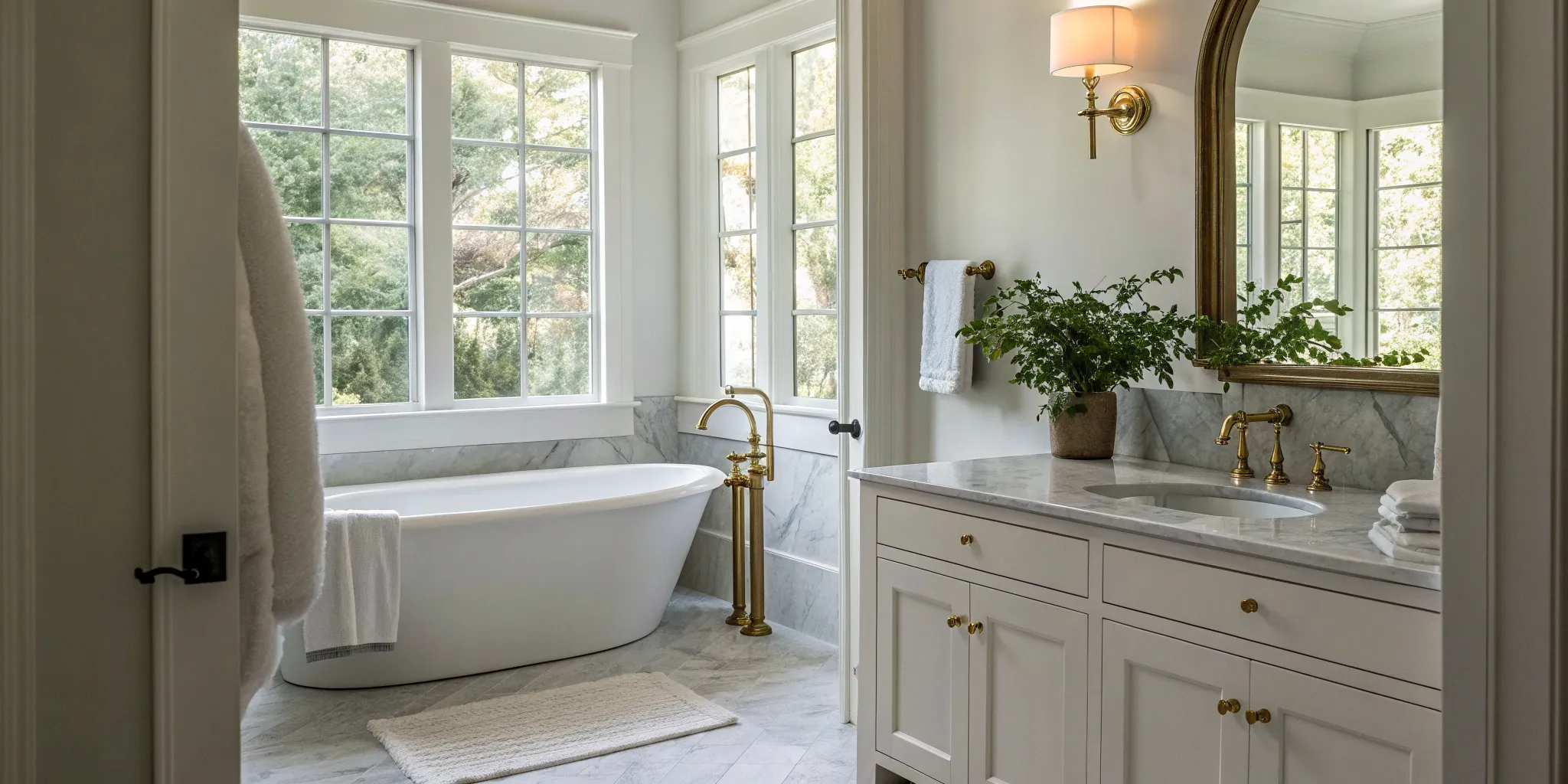 A modern bathroom remodel by professional contractors featuring a freestanding tub and marble surfaces.