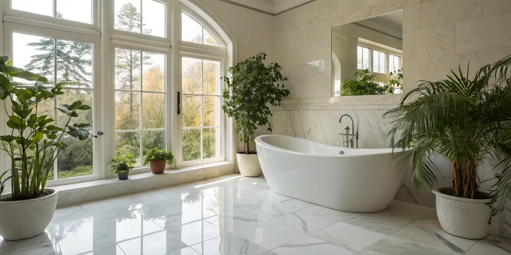 How to plan a bathroom remodel for a modern, spa-like space with a freestanding tub.