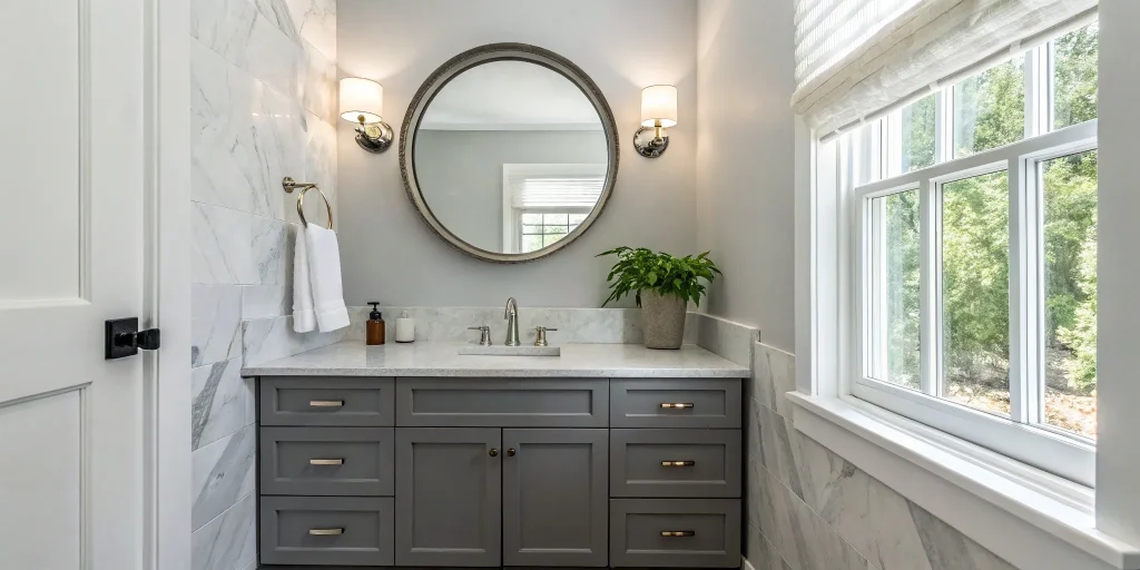 A very small bathroom remodel with a compact vanity, large mirror, and light-colored tile.