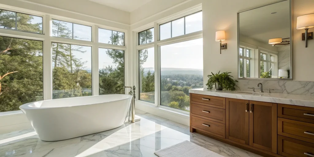Modern bathroom remodel with a freestanding tub, factoring into the overall labor cost.