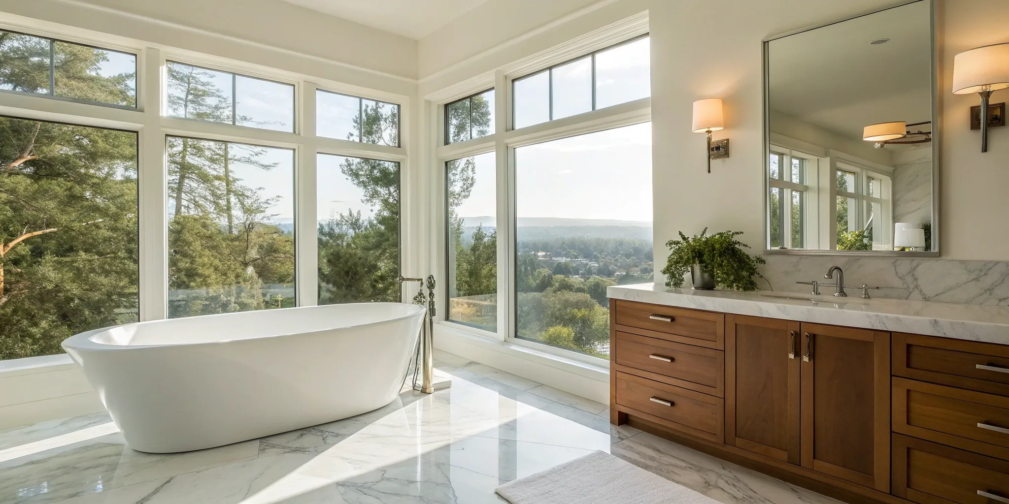 Modern bathroom remodel with a freestanding tub, factoring into the overall labor cost.