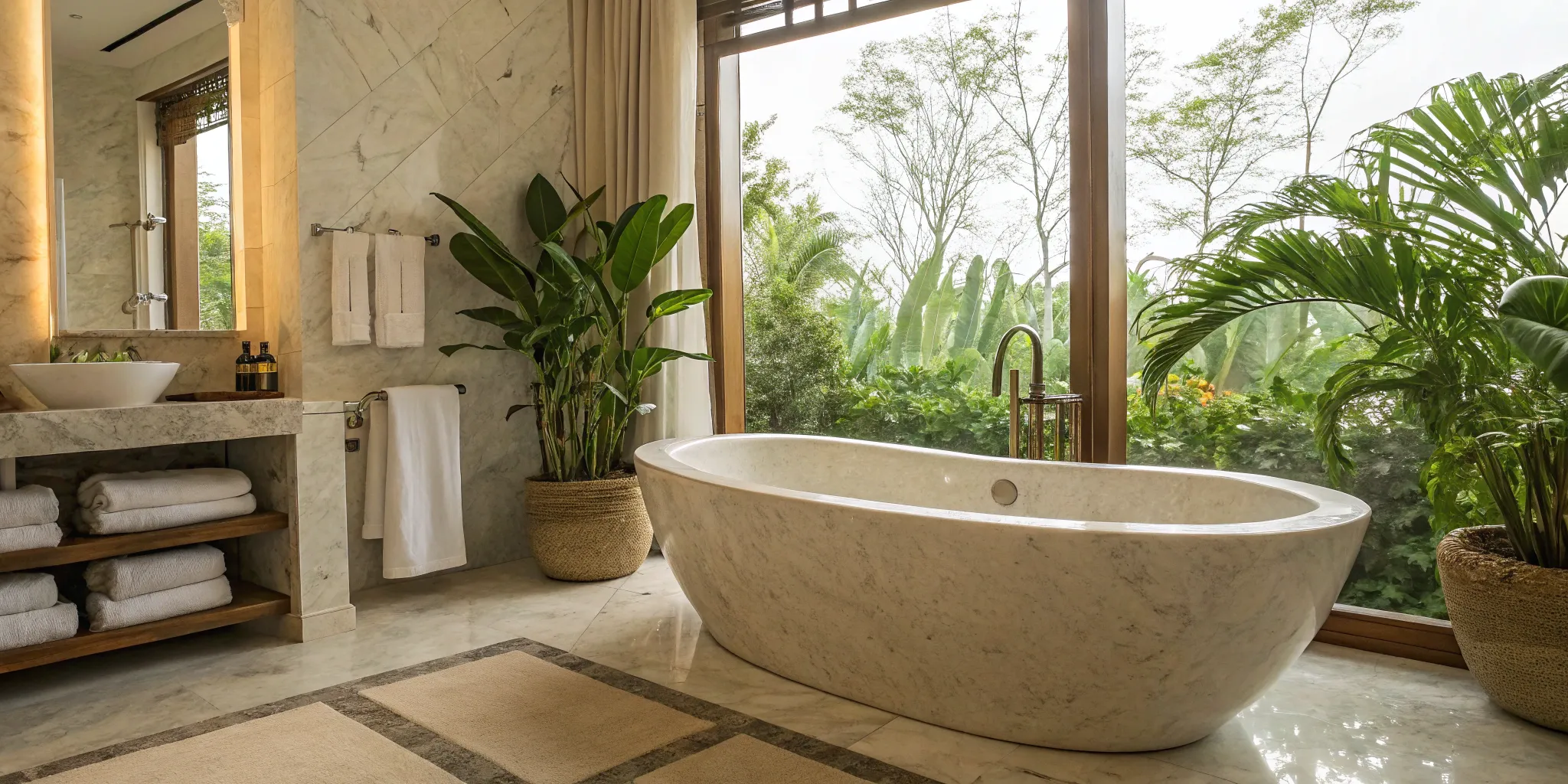 A spa-inspired master bath remodel featuring a freestanding soaking tub and marble surfaces.