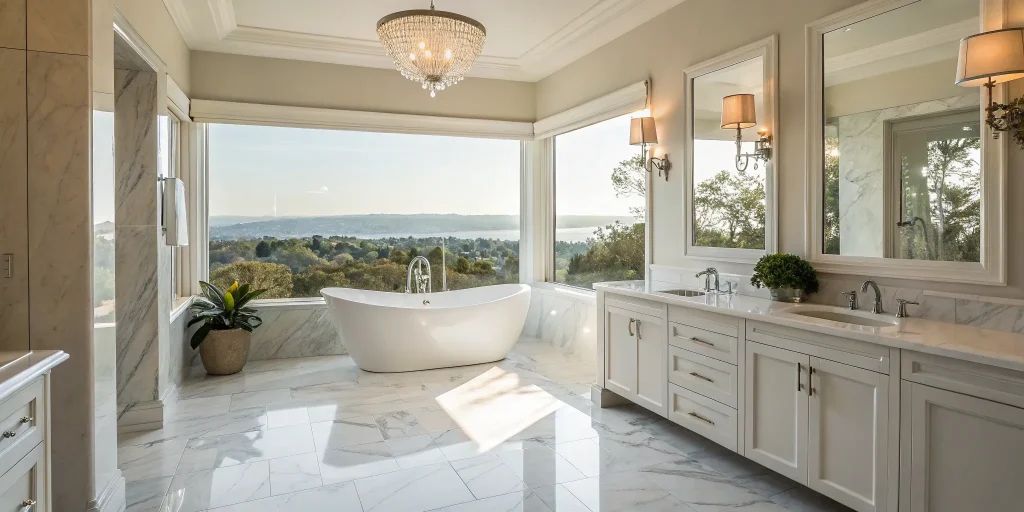 The cost to remodel a master bathroom in San Diego with luxury finishes and a freestanding tub.