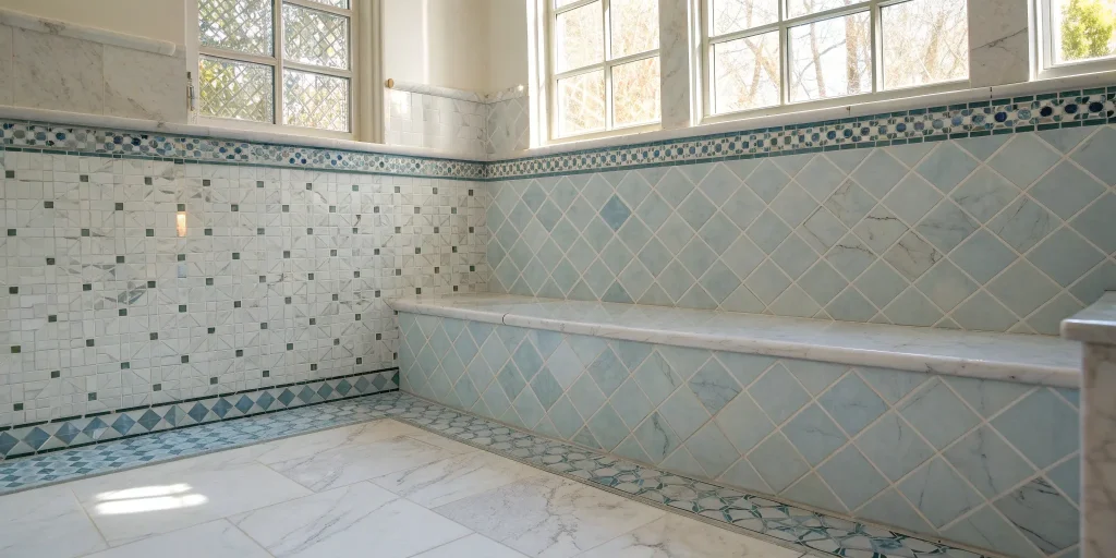 A bathroom featuring a stylish combination of blue and white tiles on the walls and floor.
