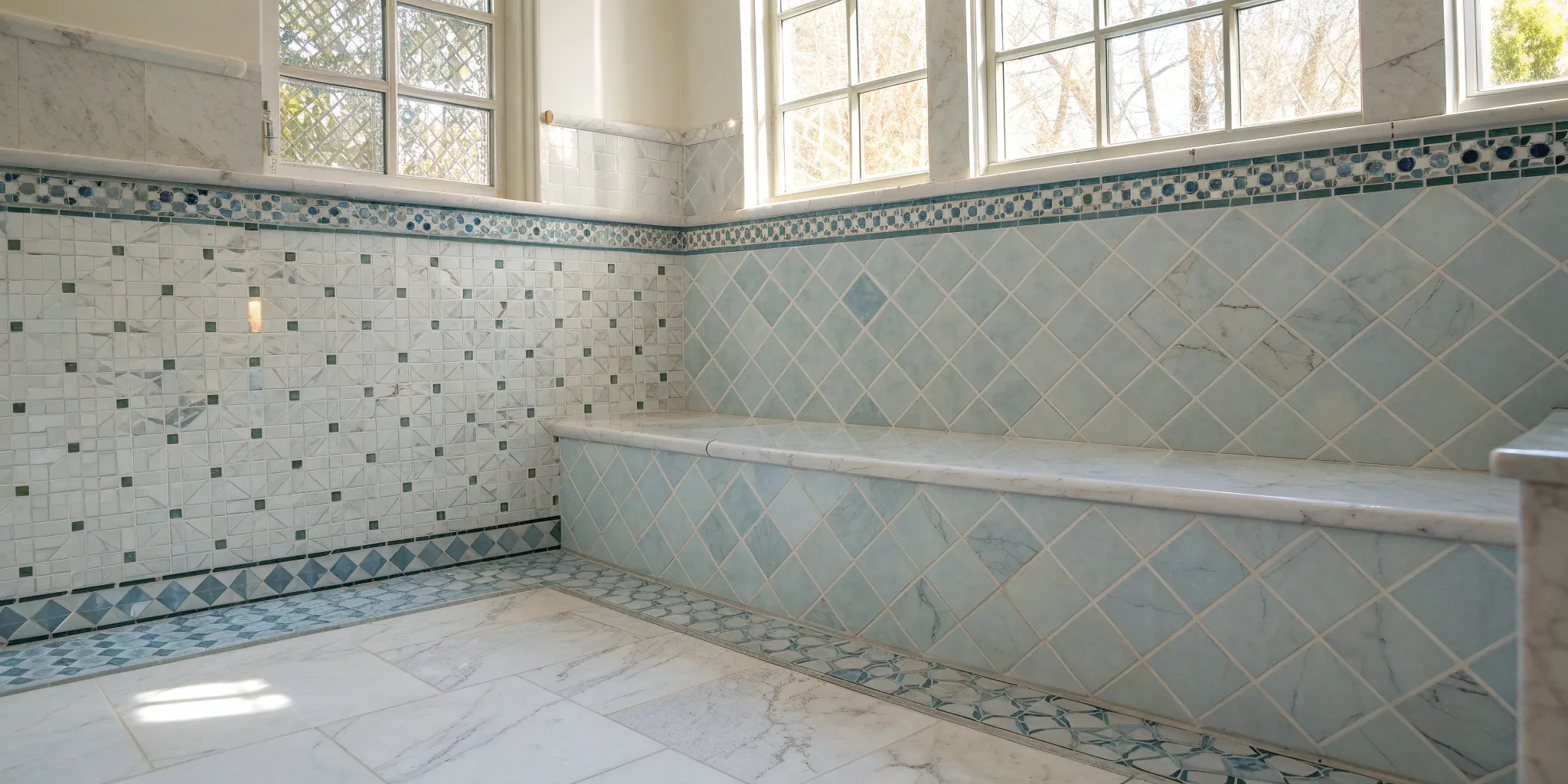 A bathroom featuring a stylish combination of blue and white tiles on the walls and floor.