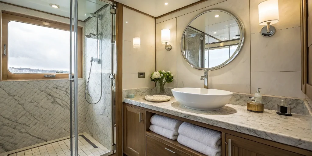 Calculating the cost for a small bathroom remodel with a modern glass shower and vanity.