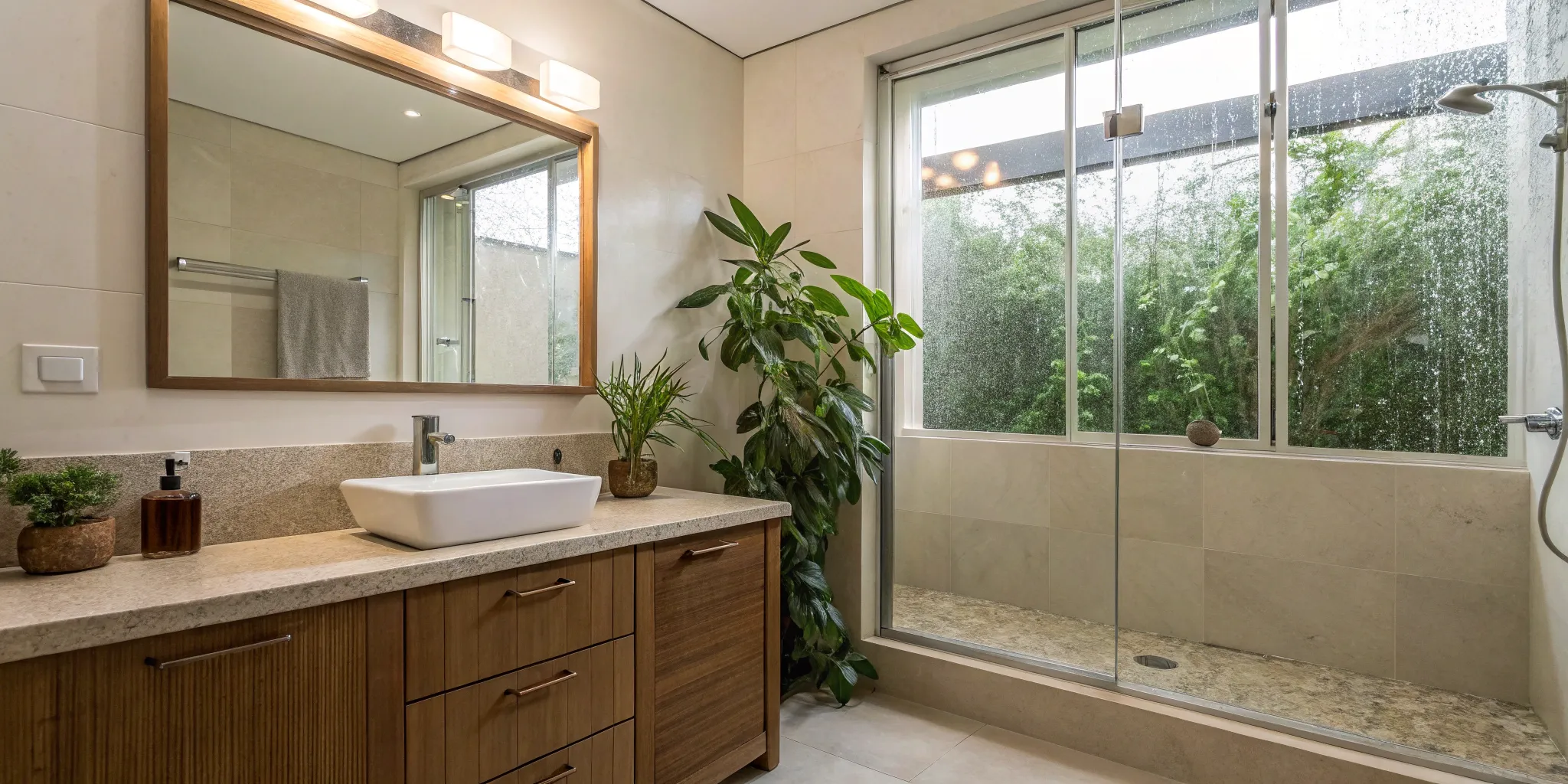 A renovated small bathroom with a modern wood vanity, walk-in shower, and large mirror.