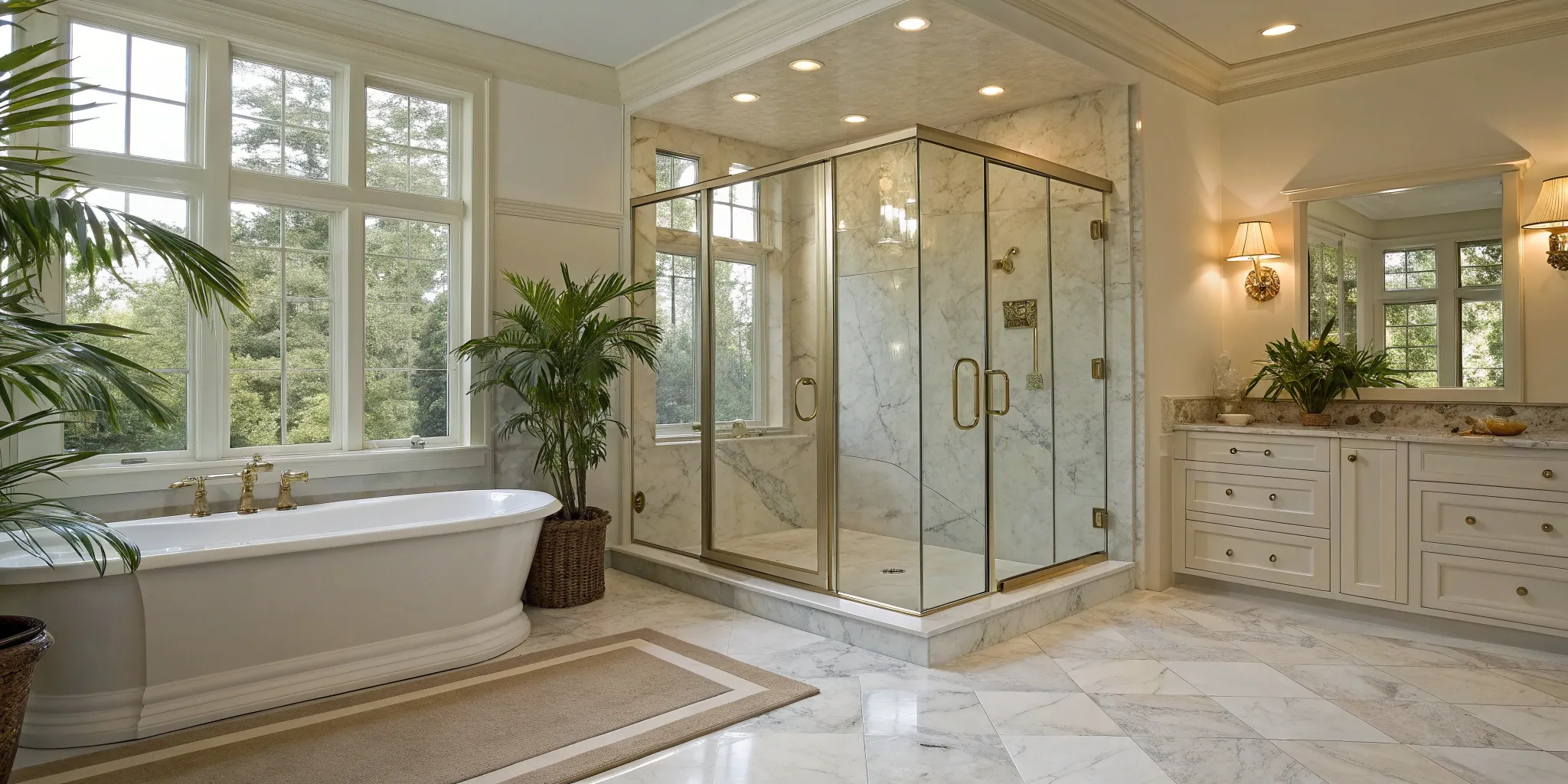 Master bath shower remodel with a walk-in glass enclosure and floor-to-ceiling marble tile.