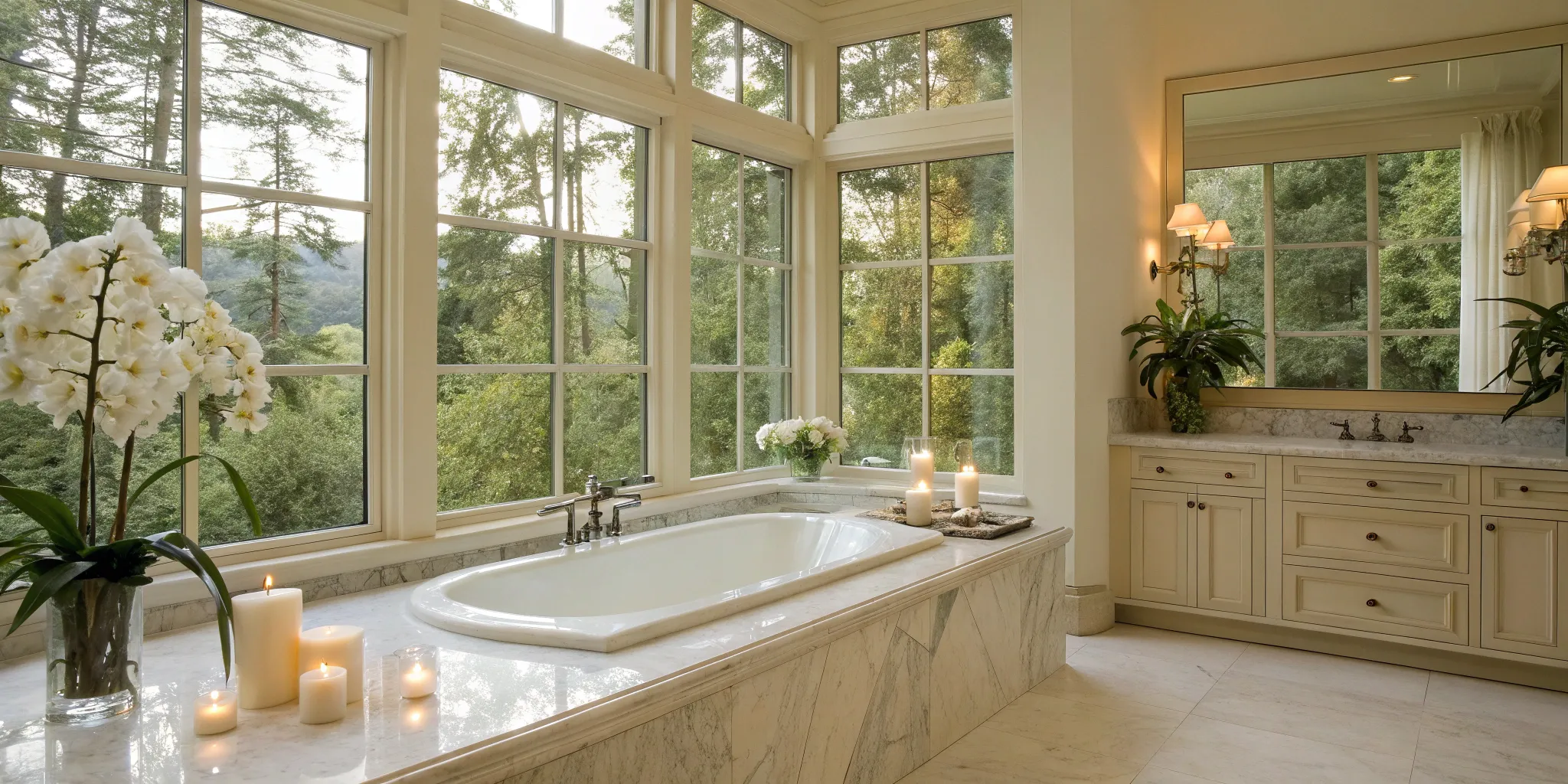 Master bathroom remodel in San Diego by expert contractors, featuring a marble tub and vanity.