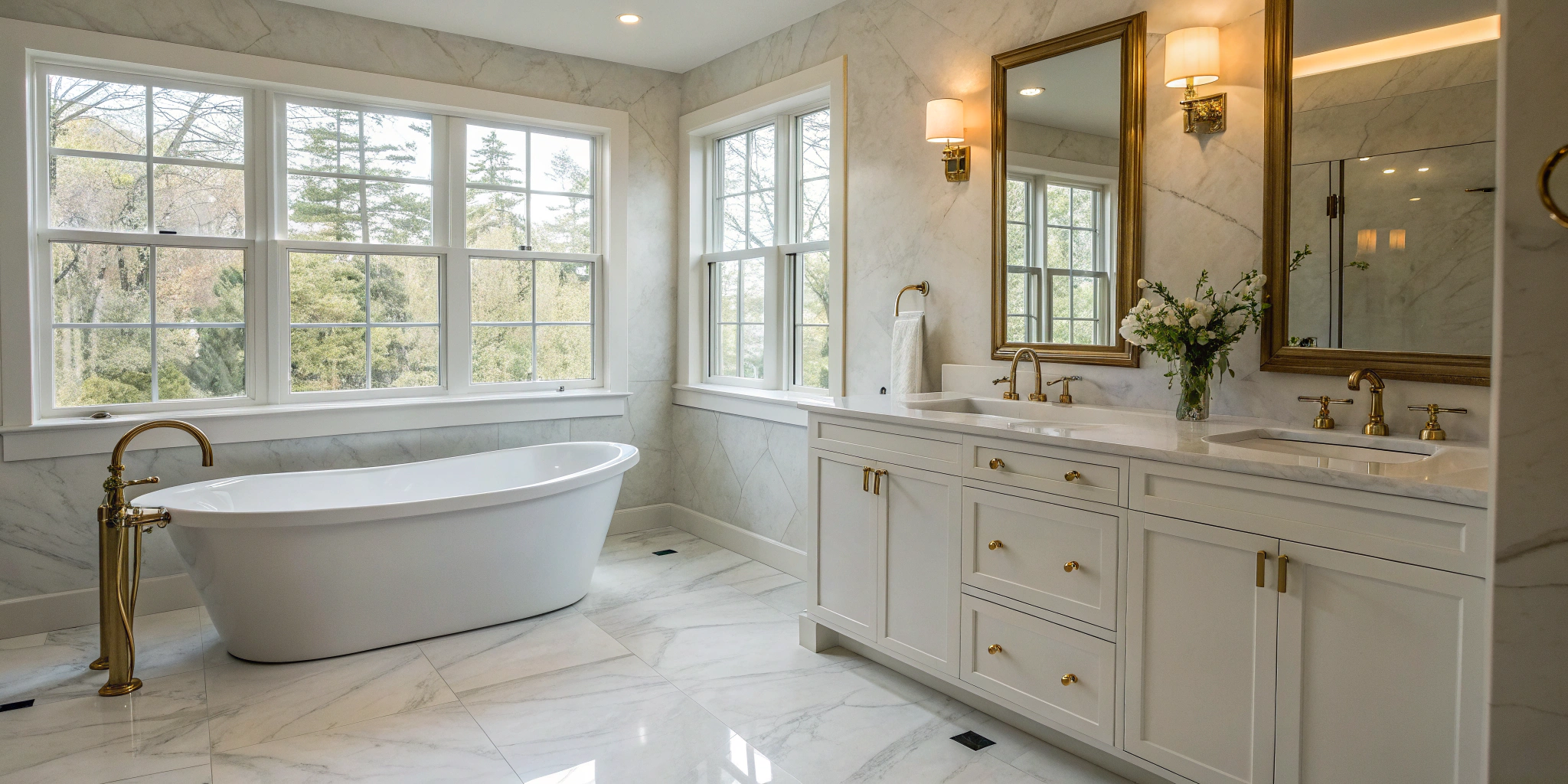 Inspiring master bathroom remodel idea with a freestanding tub, double vanity, and large windows.