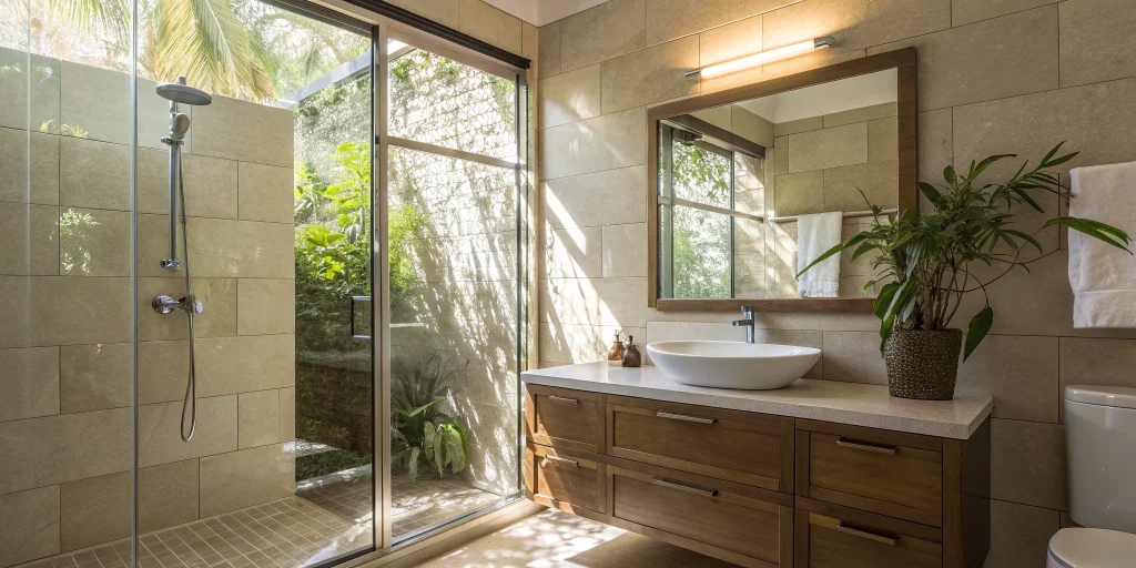 Small bathroom remodel with a modern walk-in glass shower, wood vanity, and bright natural light.
