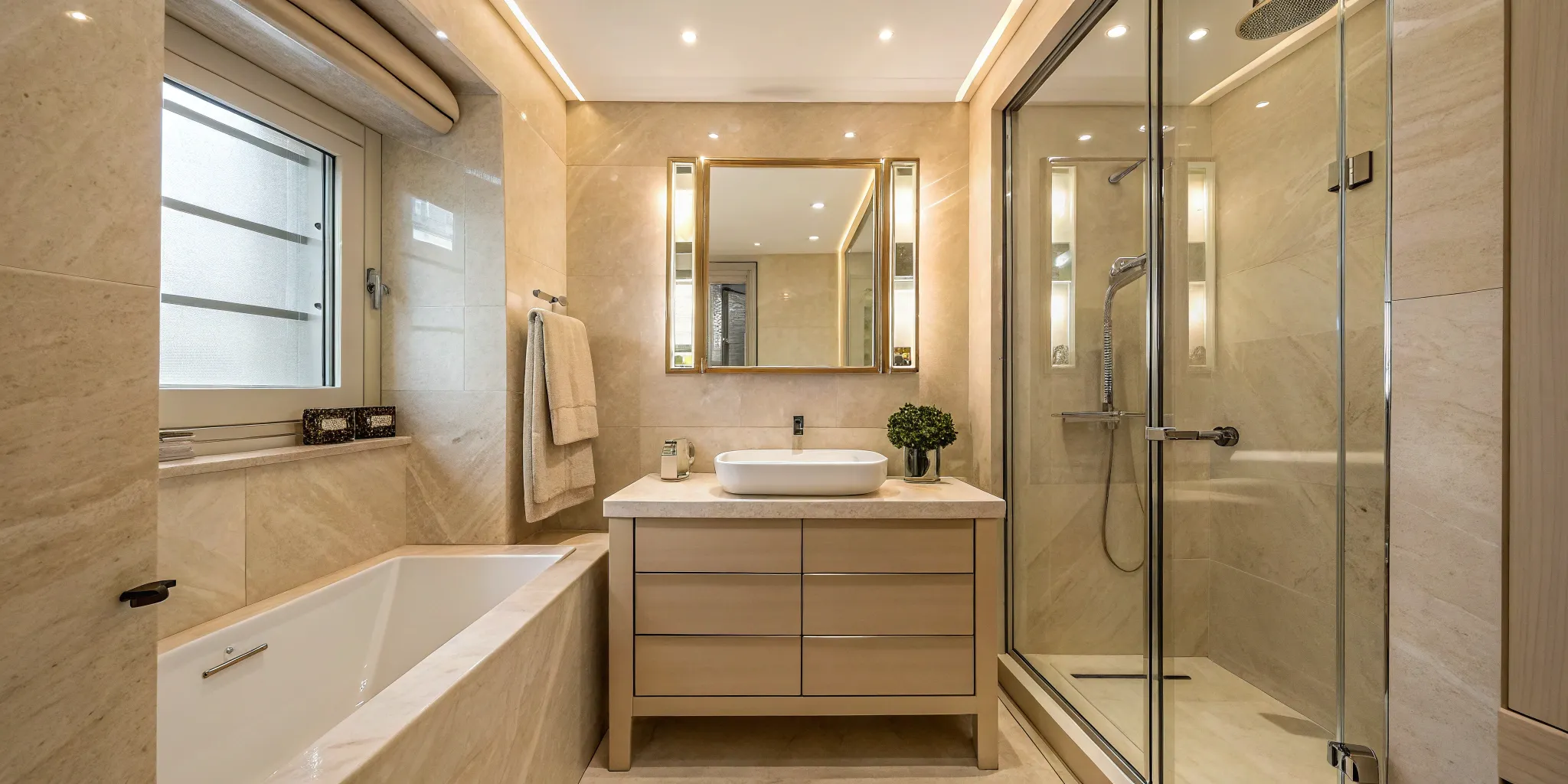 Small modern bathroom with a glass shower, floating vanity, large mirror, and neutral tiles.