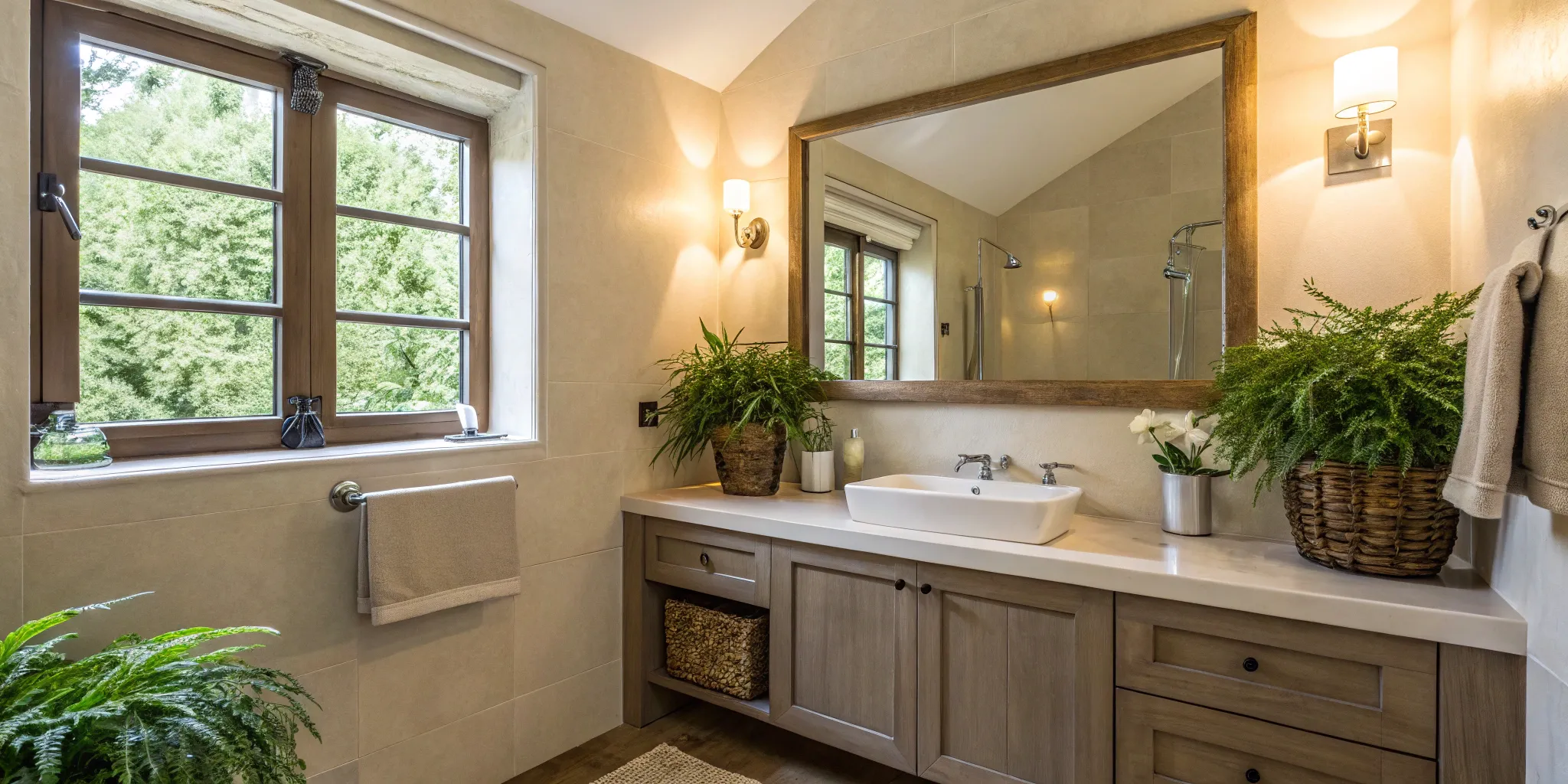 Bright very small bathroom idea with a large mirror, light walls, and a floating wood vanity.