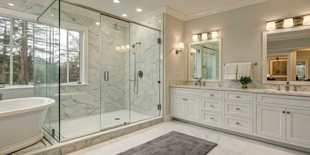 Master bathroom floor plan with a walk-in shower, no tub, and a double vanity.