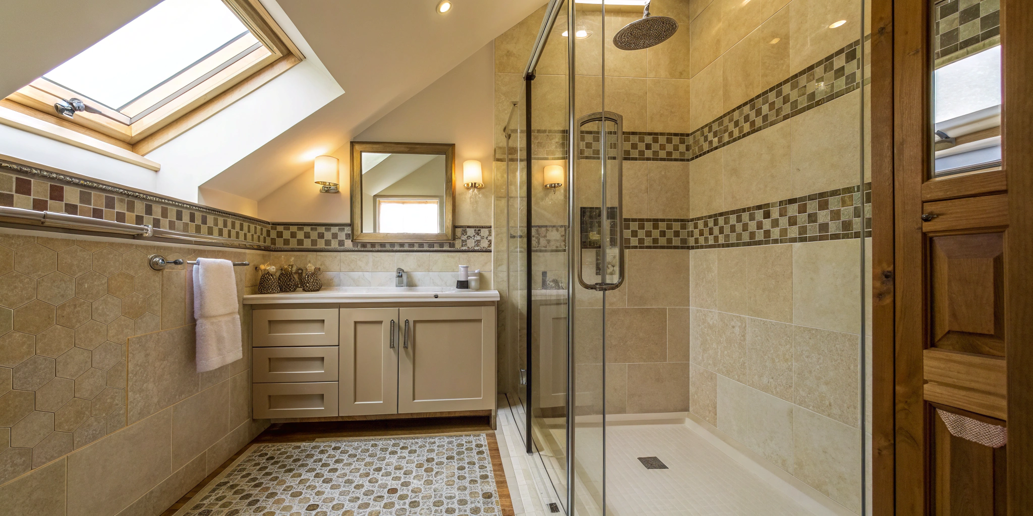 A frameless glass walk-in shower with light tiles is a smart idea for a small bathroom.